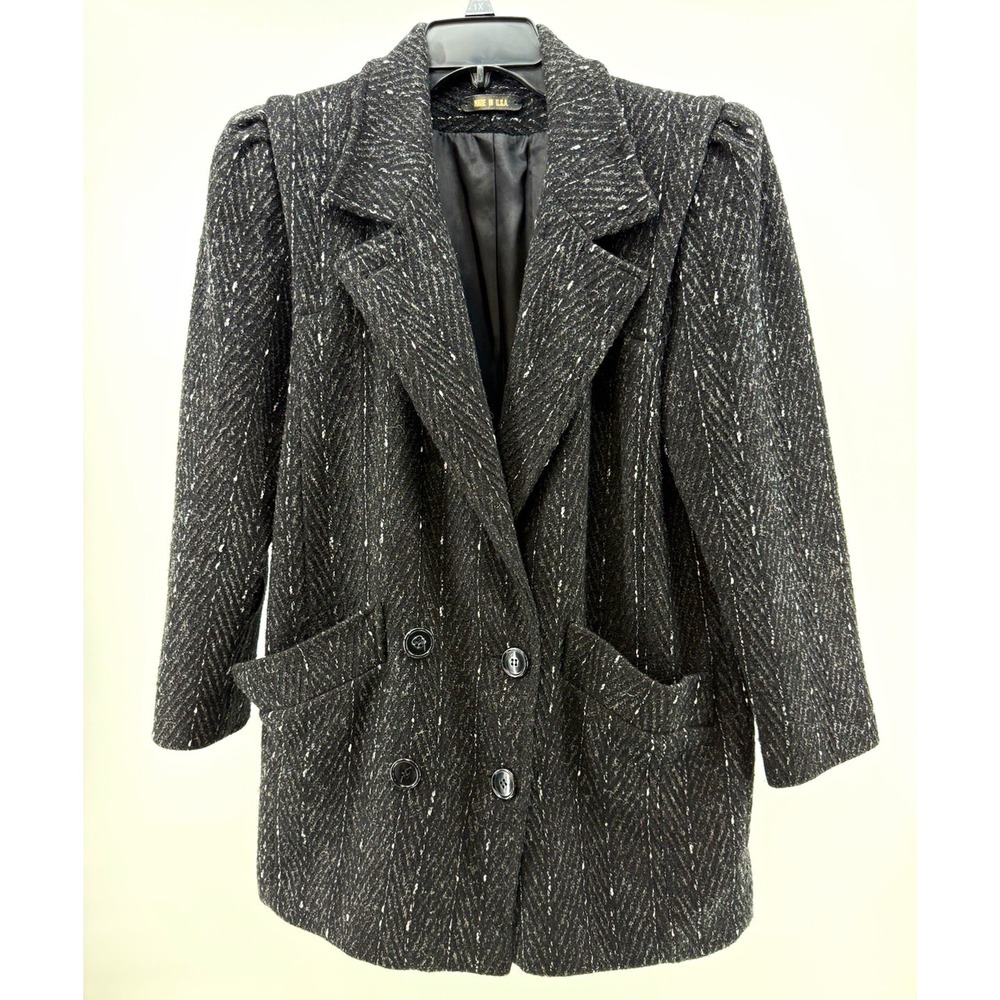 VTG Micki Women Black Double Breasted Pea Coat Lined Pockets puffed shoulder USA